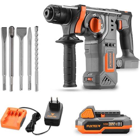 FUXTEC 20V trapano tassellatore perforatore a batteria FX-E1RH20 SET con batteria, caricatore, Set di punte e scalpelli