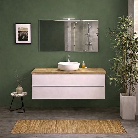 Mobile Bagno Sospeso 120Cm Bianco Export Con Top Rovere Naturale, Specchio E Lampada  Berlin