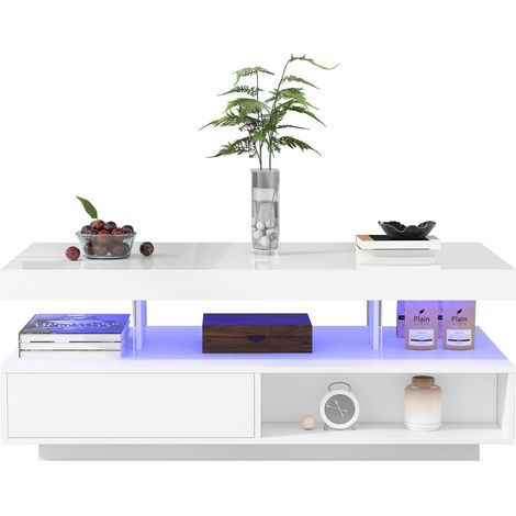 Table basse blanche brillante 95 x 50 x 42,5 cm, avec 4 inserts en verre, 2 tiroirs et 2 niches ouvertes, meuble salon moderne gain de place CHICFURN (1/5)