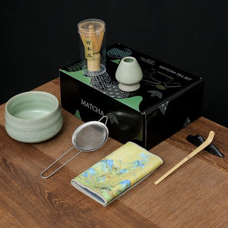 Coffret matcha 7 pièces – bol, fouet et bâtonnet mélangeur – Style Song – Boîte noire