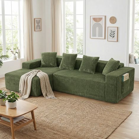 Canapé d'angle compressé 3 places velours côtelé,Canapé nuage modulaire,Chaise longue gauche,Sans assemblage,261x156x80cm,Vert (1/5)