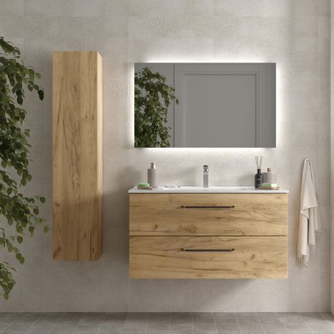 Meuble de salle de bain MORAI 100cm Chêne Vasque Porcelaine (1/5)
