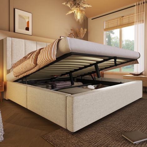 Lit double lit coffre rangement 180x200 lin beige OKMYHOME