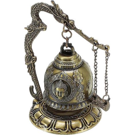Cloche Feng Shui chinoise en bronze sculpté, style zen, d'inspiration tibétaine, ornée d'un dragon, pour bureau. Décoration porte-bonheur.-Buddha head (1/5)