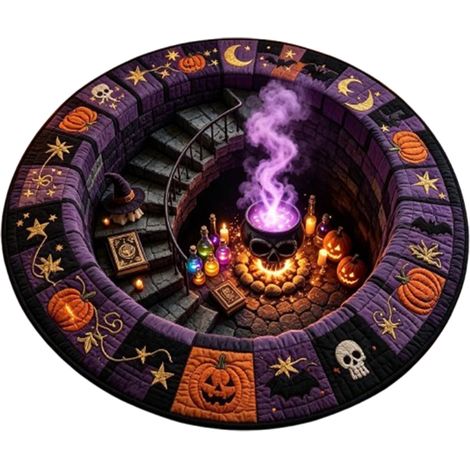 Tapis rond 60cm, effet 3D escalier hanté – illusion d'optique, fantôme et citrouille, déco Halloween-Style 4 (1/2)