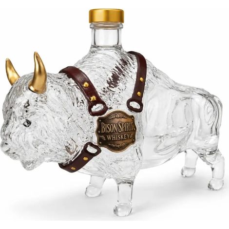 Carafe à whisky transparente en forme de bison, bouteille en verre Buffalo avec lanière en cuir doré, distributeur de spiritueux style western.
