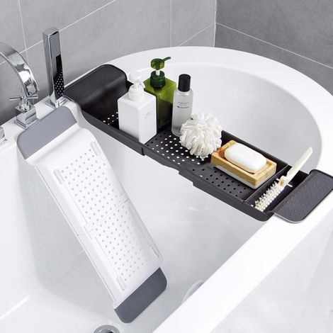 Étagère de bain extensible - Blanc/Noir COLLECTION BAIN Surface antidérapante Compatible avec la plupart des baignoires Sans BPA