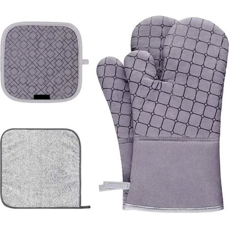 Hitzebeständige Ofenhandschuhe – 1 Paar und 2 Topflappen – Grau – Synthetik (1/4)