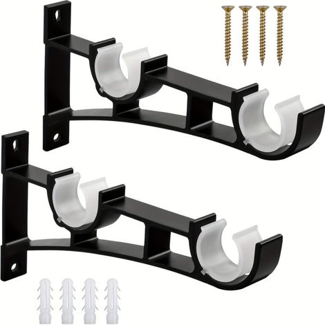 Lot de 2 supports de tringle à rideau en métal – Crochets doubles, vis – Peut supporter jusqu'à 50 kg, résistant à la rouille et durable, noir (1/5)