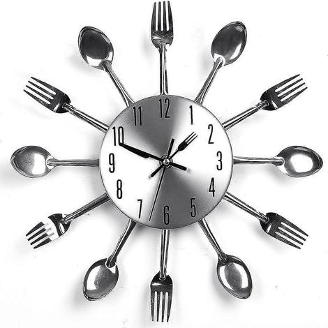Horloge murale argentée en acier inoxydable avec couverts, fourchettes, cuillères et spatule teintées, pour la cuisine intérieure et extérieure. (1/5)
