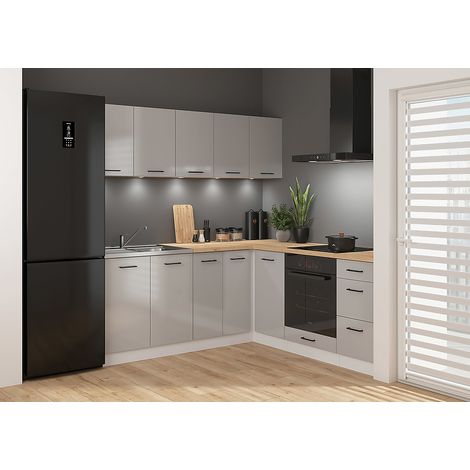 Pegane – Cuisine d'angle complète 200x200 cm – Meubles modulables gris clair brillant/Blanc – Plan de travail chêne doré inclus – Armoires basses et hautes (1/3)
