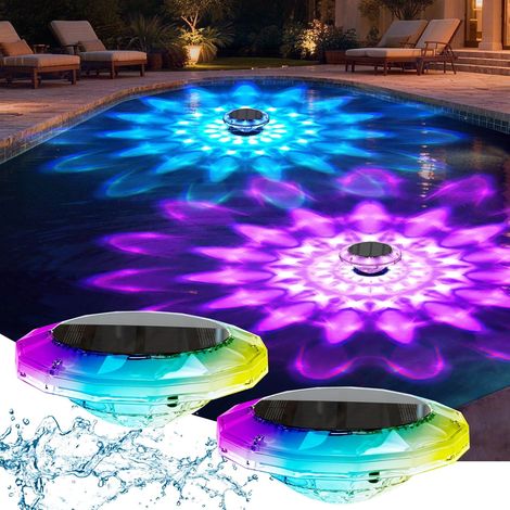 Quntis Lampes flottantes solaires pour bassin, lot de 2 lampes submersibles pour piscine avec télécommande et 16 heures d'éclairage multicolore RGB, 12 modes, spectacle lumineux à 360°, étanches IP68, (1/5)