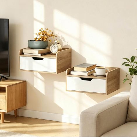 Lot de 2 tables de chevet murales 40x30x19,5 cm en bois naturel, avec rangement chambre FloraGrace (1/5)