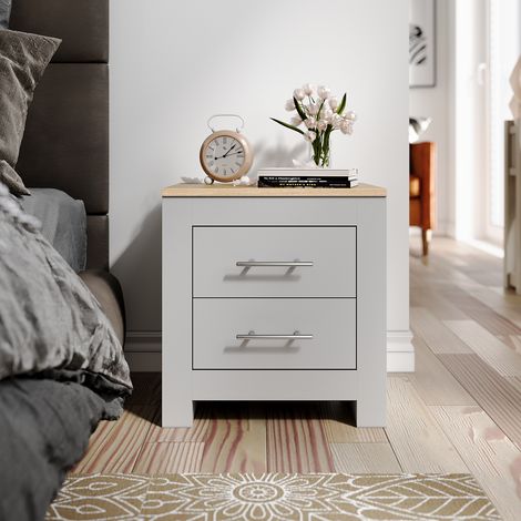 ELEGANT Bedside Table Cabinet 2 Drawer Chest Nightstand Bedroom Furniture, Grey/Oak (1/5)