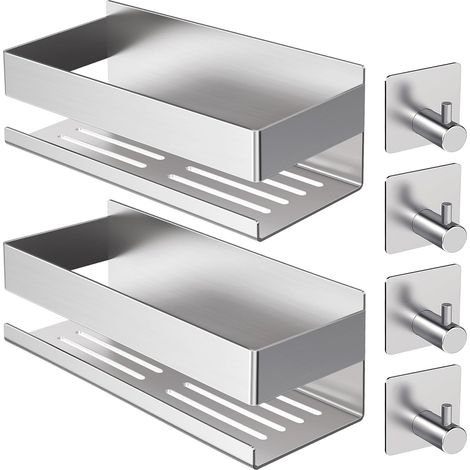 Duschablage Ohne Bohren,2PCS Upgrade Version Verdickter Edelstahl 304 Badezimmer Organizer,Kein Bohren Selbstklebend Shampoo Halterung für Dusche Mit 4 Haken für Bad, Küche, WC (1/5)