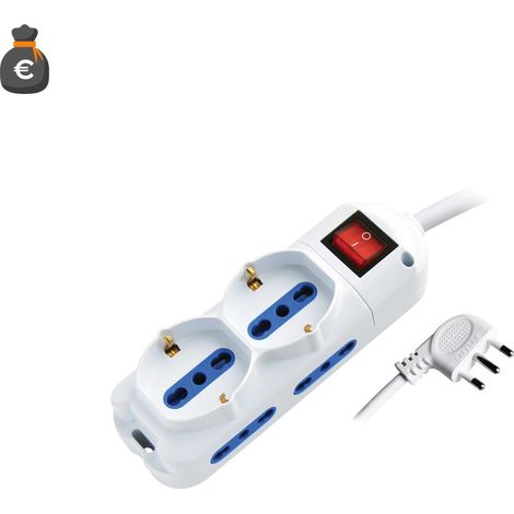Multiprise électrique Alcapower 6 prises: 4 prises doubles 10/16A bipasso, 2 Schuko, câble 1,5m, fiche 90°, interrupteur lumineux, blanc, SEO efficace (1/3)
