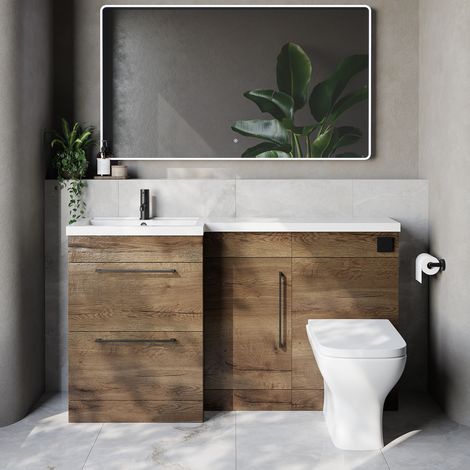 Napoli 390 Tobacco Oak 1500mm 2 Drawer Vanity Unit Toilet Suite with Left Hand Square Lucia Basin - 1500mm - Matt Black 320mm HandleWith Kingston Toilet Pan and Seat