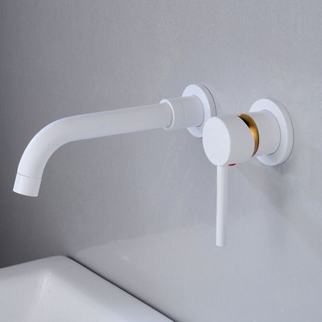 Robinet de Lavabo Mural, Mitigeur Mural en Laiton Haut de Qualité, Robinet Salle de Bains Encastré, Robinet Froid et Chaud Rotation à 360°,Blanc (1/4)