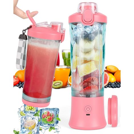 Licuadora portátil de 600 ml, 6 cuchillas, batería de 4000 mAh, capacidad para 25 vasos de jugo, ideal para la oficina, camping y viajes, color rosa. (1/5)