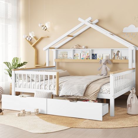 Cama casita 140x200 cm, Cama infantil con barrera de seguridad y 2 cajones, Estructura de madera de pino macizo con tejado y estante de almacenaje, Blanco (1/5)