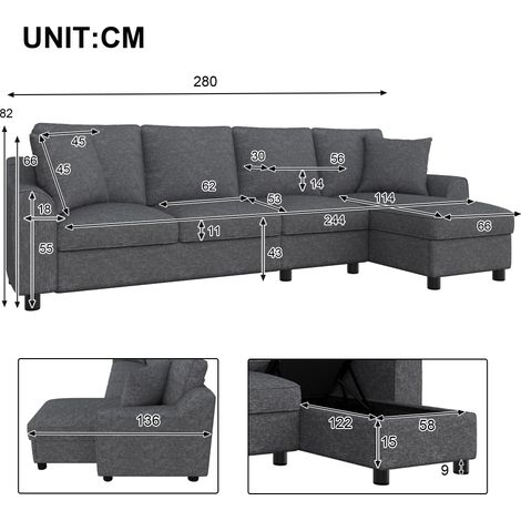 Canapé d'angle moderne en chenille, 3 places + méridienne, méridienne avec compartiment de rangement dépliable, dossier rabattable avec porte-gobelets, canapé modulable multifonctionnel, gris, 280 × 1 (1/5)