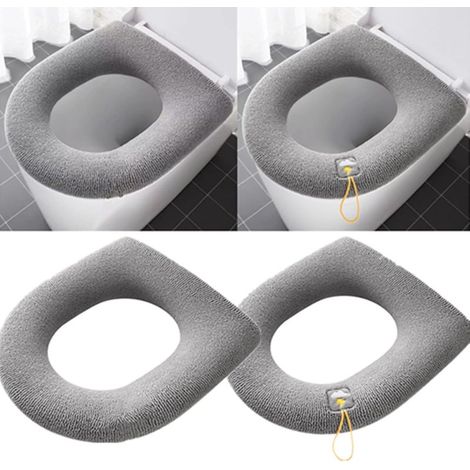 Lot de 2 housses de siège de toilette avec poignée, doux, épais, extensible, lavable - S'adapte à tous les sièges de toilette ovales - Style ordinaire + poignée épaisse (1/5)