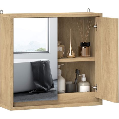 Meuble de salle de bain avec miroir, 2 portes et étagère réglable, style moderne, fixation murale, 48 x 14,5 x 45 cm, naturel (1/5)