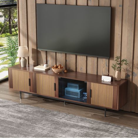 MEUBLIV Meuble TV 200 cm marron/noir – LED, porte en verre trempé et rangements (1/5)