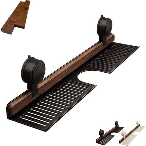 Badezimmerregal aus Walnussholz mit Saugnapf, bohrfreies Ablagefach für Waschbecken und Waschtisch, Duschkorb aus Aluminium mit Saugnapf (M Schwarz) (1/5)