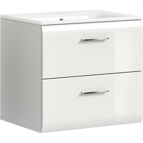 Ice Waschbeckenunterschrank Inkl. Waschbecken 2 Schubladen Weiß hochglanz, weiß.