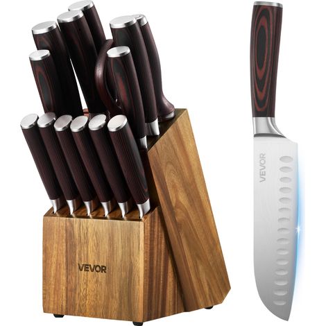 VEVOR Set Couteaux Cuisine avec Bloc et Fusil a Aiguiser 15 Pieces, Bloc de Couteaux en Acier Inoxydable a Haute Teneur en Carbone, avec Manche Ergonomique, Coutellerie pour Cuisinier Amateurs (1/5)