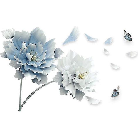 Grands stickers muraux amovibles avec des fleurs de lotus blanches et bleues et des papillons - Décoration murale 3D pour salon et chambre (1/2)