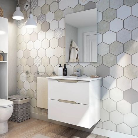 Mobile bagno sospeso 60 cm bianco e rovere con top e specchio Brillo (1/5)