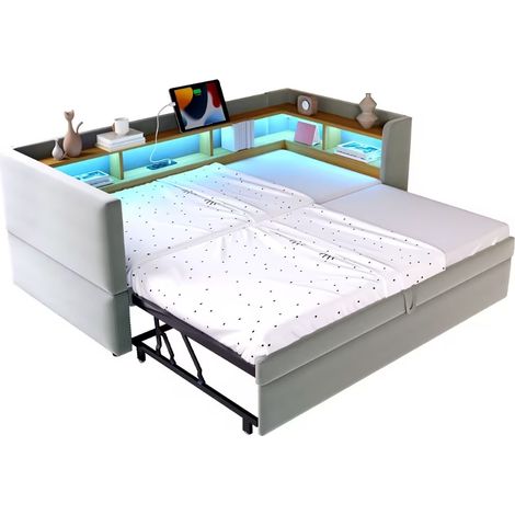 Ausziehbares Schlafsofa 90/180x190cm mit LED-Beleuchtung und Steckdosen, Multifunktionales Polsterbett mit Stauraum, Flanell Hellgrau (1/5)