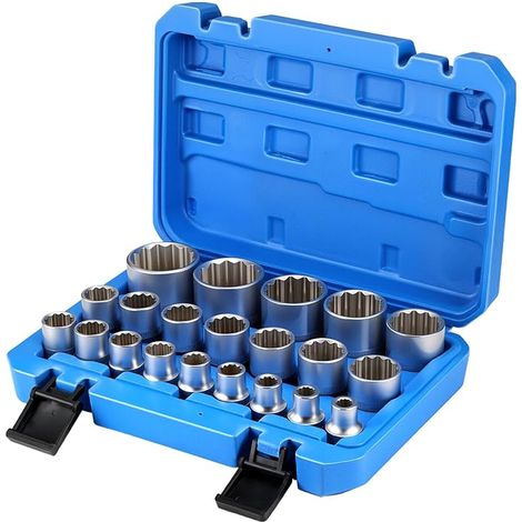 Jeu de 21 douilles multiples 1/2", 8-36 mm, douilles métriques en acier au chrome-vanadium-carbone pour clés à douille à 6 et 12 angles, coffret de rangement bleu (1/5)