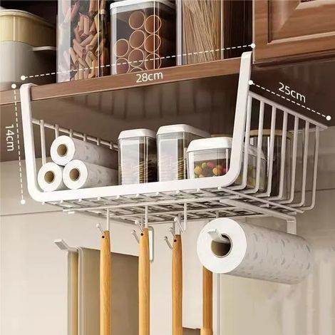 Étagère suspendue sans perçage pour cuisine, support essuie-tout avec crochets pour ustensiles, panier en fil métallique blanc, fixation par vis non requise, rangement mural polyvalent (blanc)