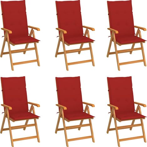 Lot de 6 Chaises de jardin - Chaises d'extérieur pour terrasse/jardin avec coussins rouge Bois de teck BV263740 - BonneVie (1/5)