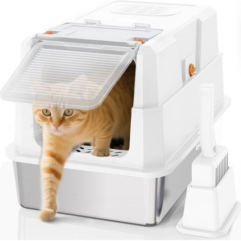 XL Stainless Steel Litter Tray with 180° Folding Lid, Large Closed Stainless Steel Litter, Cat Litter Tray with Scoop, 58.5 x 37 x 37.5 cm, White