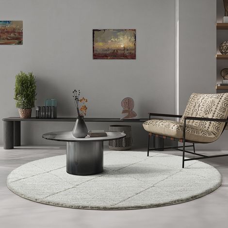 Shaggy Tapis de Salon élégant et Design à Poils Longs, Doux et Facile d'entretien, en Losange crème, 120 x 120 cm Rond (1/5)