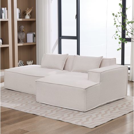 Divano 235x129x70 cm beige in poliestere imbottito con cuscini e seduta confortevole (1/5)