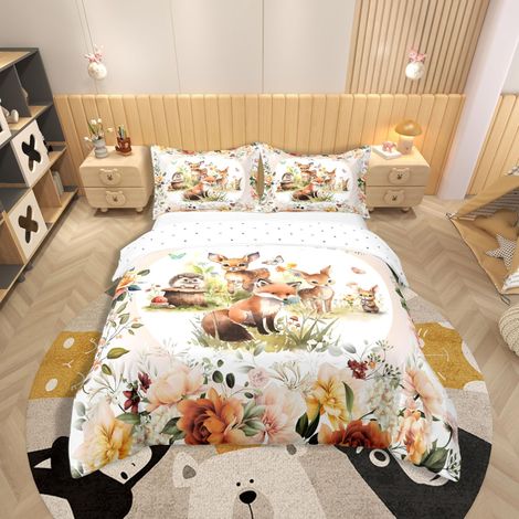 Parure de lit en coton avec housse de couette de 155 x 220 cm, motif : cerf, renard, lapin, dessin animé, imprimé floral, ferme, zoo, animaux sauvages, pour garçons et filles (1/5)