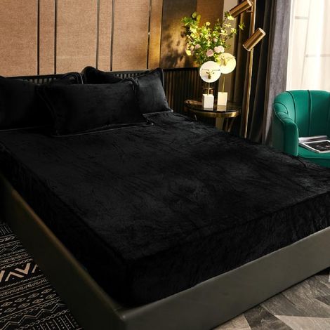Drap-housse en flanelle polaire noire, 180 x 200 cm, bonnet de 30 cm, toucher cachemire, pour matelas épais (1/5)