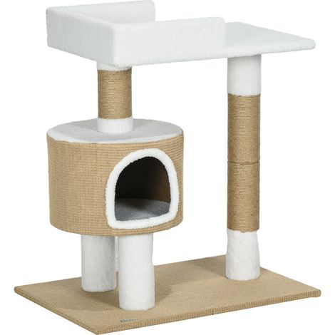 Arbre à chat avec griffoir en jute niche et plateforme de repos 70x49x79 cm pour chat d'appartement marron et blanc (1/5)