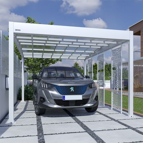 Trigano – Carport voiture aluminium blanc 3,26 x 5,09 m – Hauteur 2,34 m – Surface 16 m² – Résistance vent 150 km/h – Garantie 15 ans