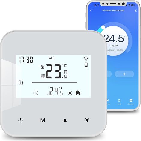 Thermostat WiFi pour chaudières gaz et fioul,Thermostat Mural à 2 Fils,Programmation Quotidienne,Alimentation par Pile ou USB,Compatible avec Smart APP (1/5)