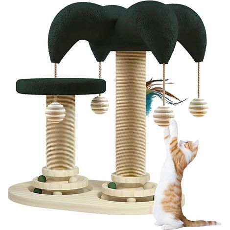 Jouet interactif pour chat, meuble en bois 6 en 1, idéal pour les chats de petite et moyenne taille, avec balles suspendues, tapis de course et griffoir en jute.