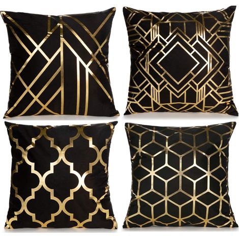 BEBUSINGOTO Set mit 4 dekorativen Kissenbezügen für Zuhause, goldfolienverzierte Kissenbezüge, 45 x 45 cm, geometrisches quadratisches Kissen, Dekoration für Sofa, Schlafzimmer (schwarz und gold) (1/5)
