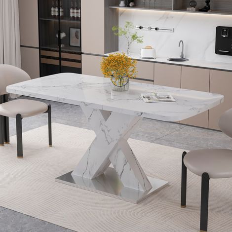 Table à manger rectangulaire extensible 120x80x76.5 cm blanche en MDF et acier avec plateau effet marbre (1/5)