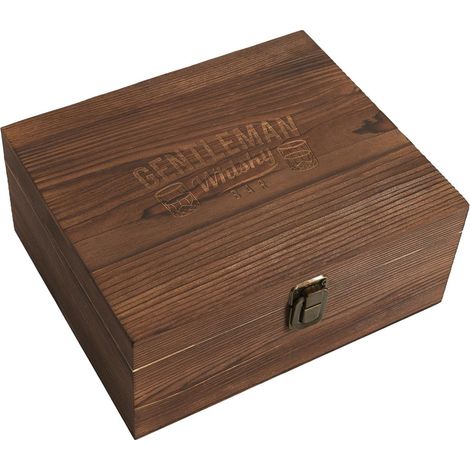 Paris Prix – Coffret whisky 10 pièces marron – 70% bois pin – 20% verre – 10% acier inoxydable – Contient 2 verres et 6 glaçons inox