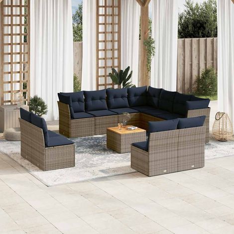 Ensemble de Salon de Jardin 12 Places en Résine Tressée Gris avec Coussins Détachables et Table Acacia Modulaire avec Rangement (1/5)